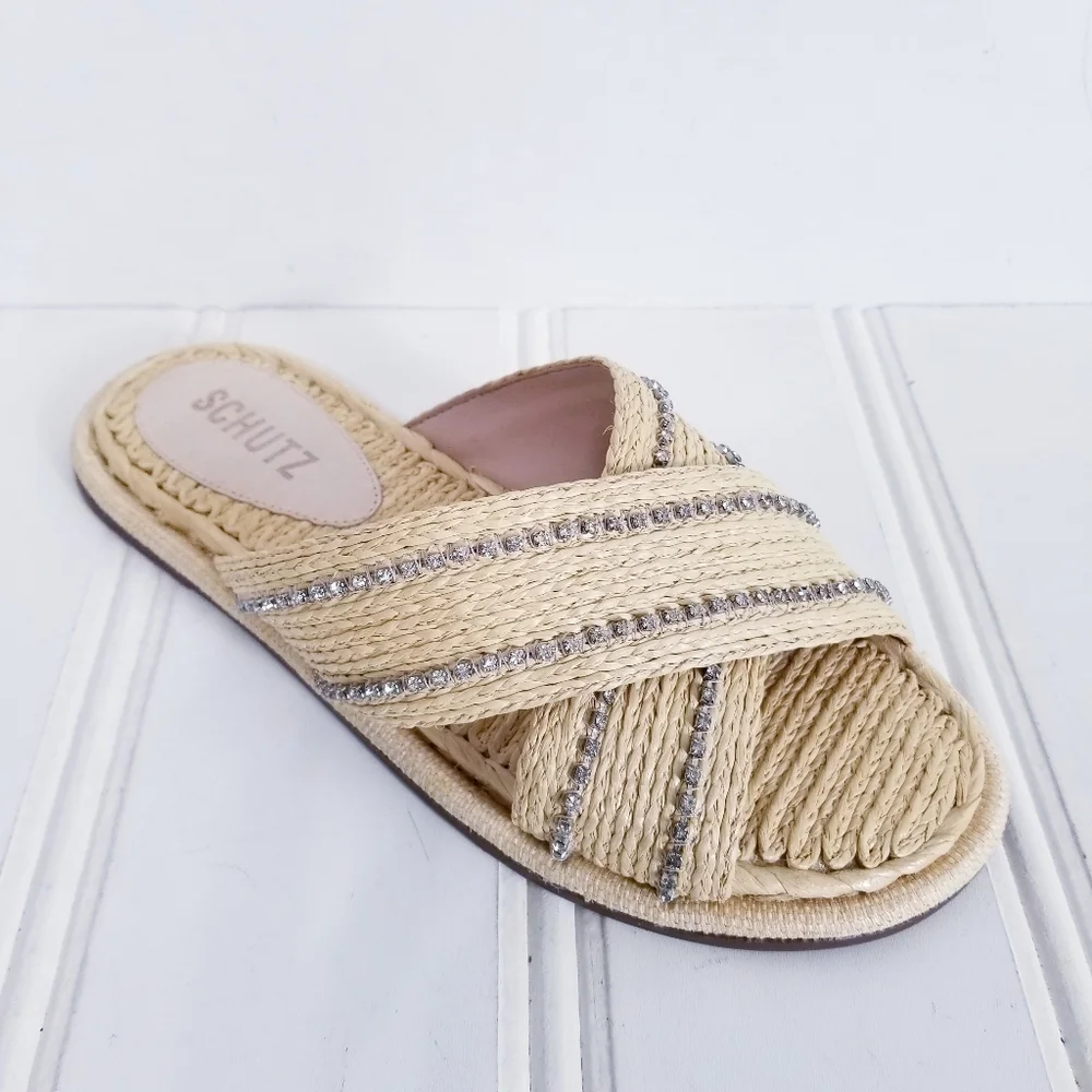 Schutz Rhinestone Raffia Sandals Womens Carlotta Crossover Flat Summer Shoes 6 - Picture 1 of 15